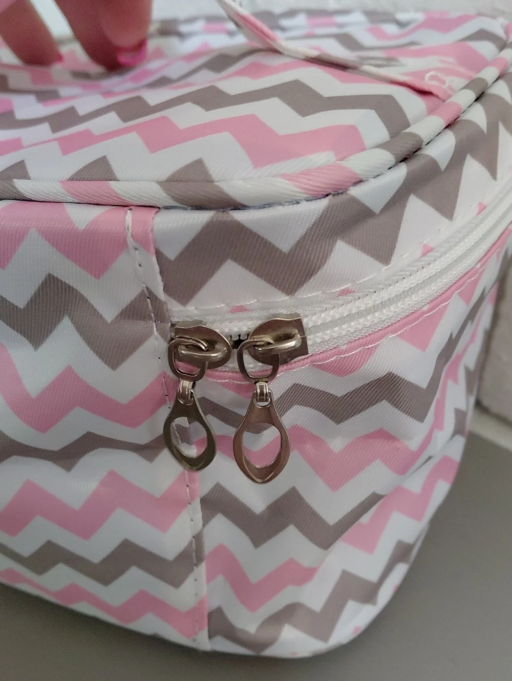 Pink & Gray Chevron Cosmetic Bag with Peach Sheet Mask & Lip Gloss. NWT